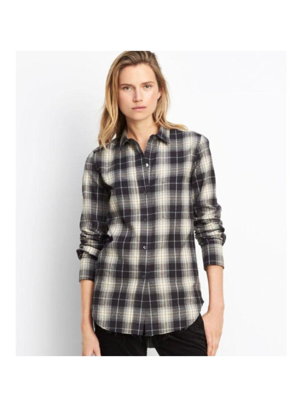 Vince Tartan Plaid Oversized Flannel Buttond Down Shirt Raw Hem Top M